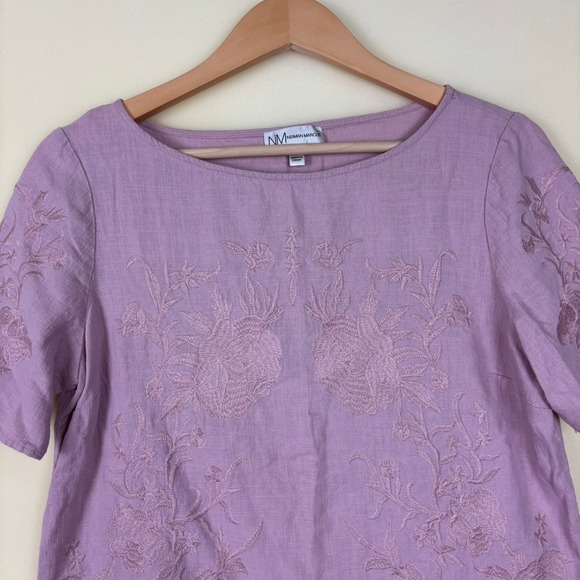Neman Marcus Embroidered Linen Blend Top Short Sleeve Light Purple Casual - Picture 3 of 7